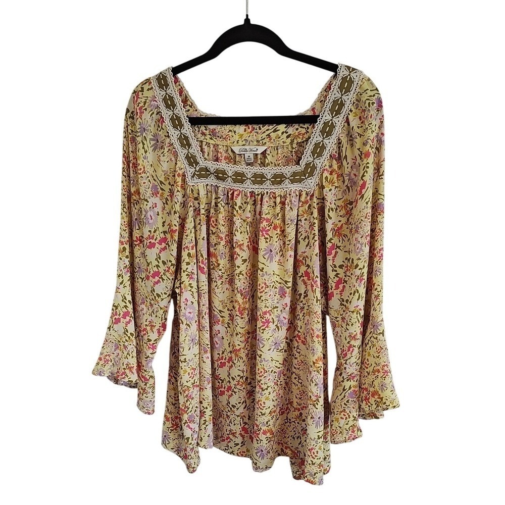 The Pioneer Woman Floral Boho Blouse 2X Yellow Used‎ Cottagecore Peasant Top